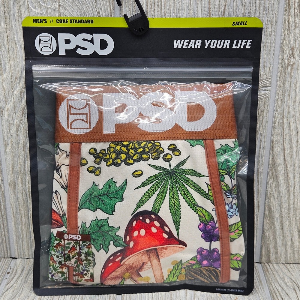 PSD Mens Psychoactive Boxer Briefs Small Mushroom Botanical Print Underwear NEW